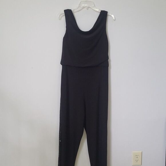 Scarlett Jumpsuit Womens 8 Black Sleeveless Cowl Sequined Tuxedo Stripe Leg NYE - Picture 3 of 4